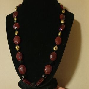 Deep Red Glass, Black Plastic Or Acrylic, & Gold Tone Ladybug Beaded Necklace
